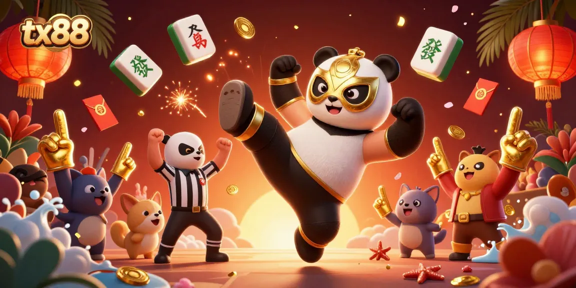 Experience thrilling action at tx88 with a panda wrestler flying kick amid vibrant casino elements.