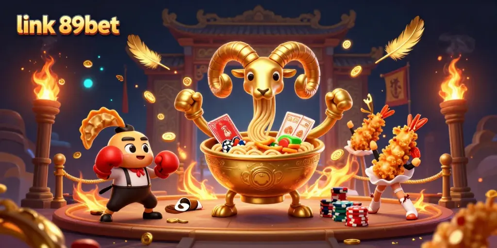 Compete with excitement at link 89bet's vibrant casino featuring a golden ramen bowl and friends.