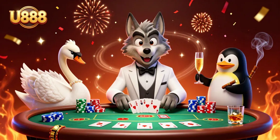 Experience thrilling U888 baccarat action with a debonair wolf, elegant swan, and sophisticated penguin.